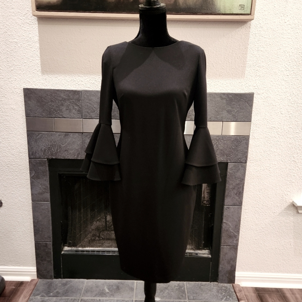 Calvin Klein Bell Sleeve Black Fitted Evening Dress Gold Zipper Stretch 6